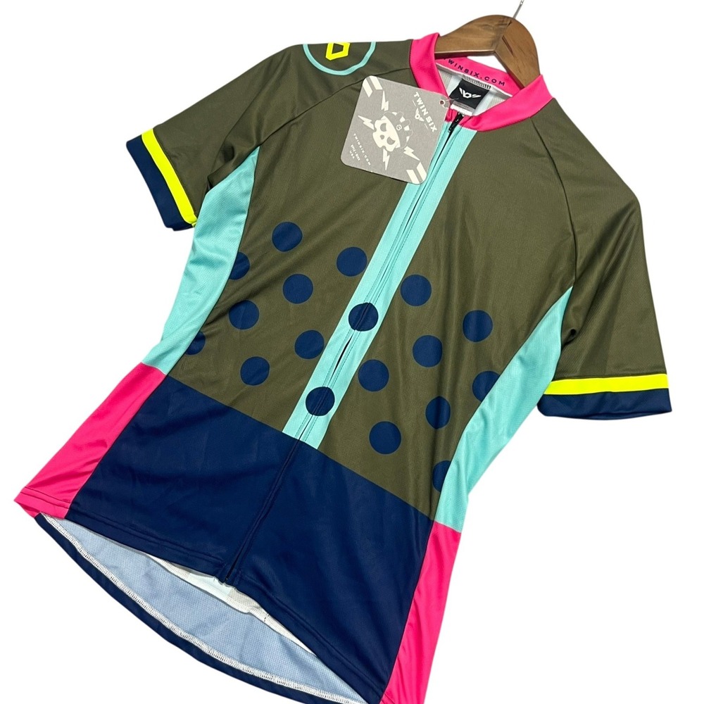 Twin Six The Leadout Cycling Jersey Olive Green Navy Pink Dots Womens L NWT